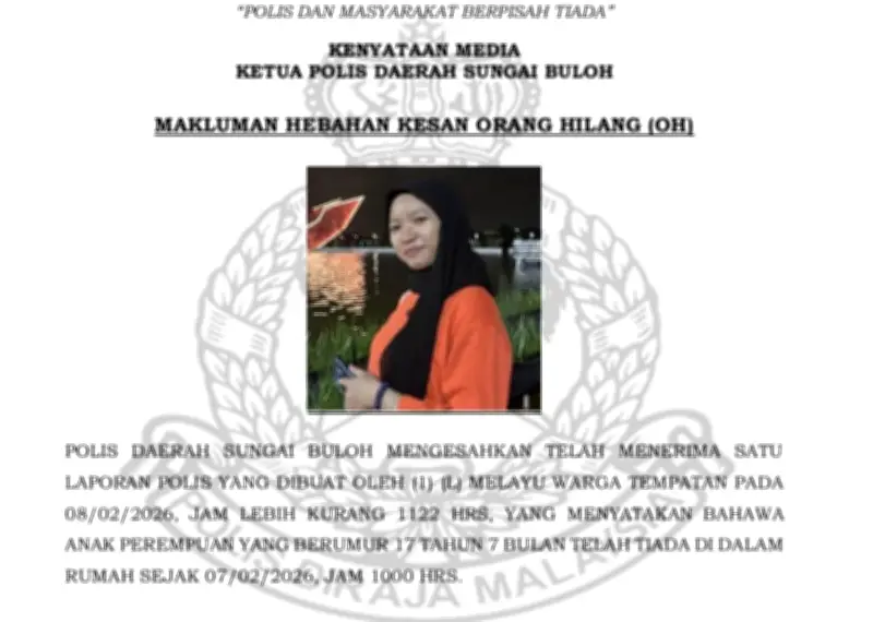 Polis Sungai Buloh Mohon Bantuan Orang Ramai Cari Remaja Perempuan Hilang