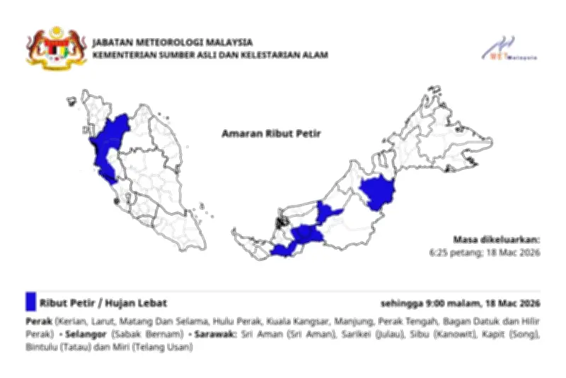MetMalaysia Keluarkan Amaran Ribut Petir Empat Negeri, KL dan Putrajaya
