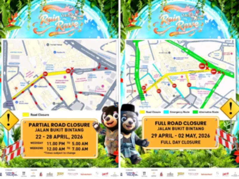 Jalan Utama Bukit Bintang Ditutup 30 April-2 Mei bagi Sambutan Hari Pekerja dan Festival Muzik Air Rain Rave