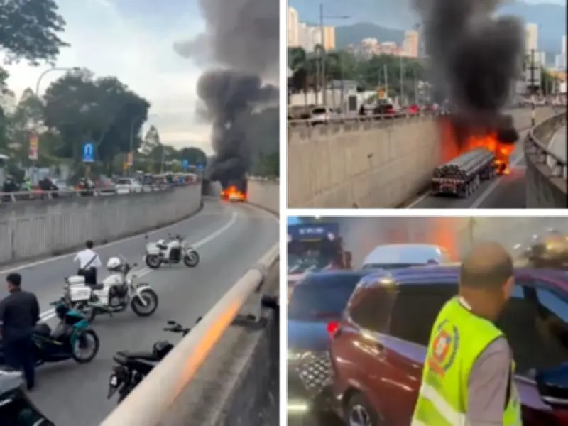 Kemalangan berantai lima kenderaan di bawah Udini, Pulau Pinang, tiga terbakar