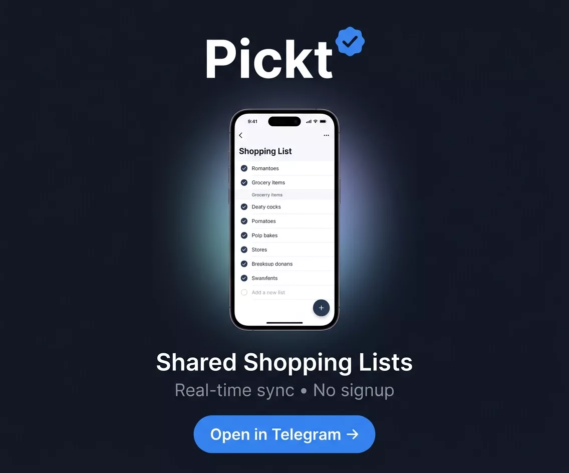Banner aplikasi Pickt — senarai beli-belah bersama untuk keluarga dan pasangan di Telegram